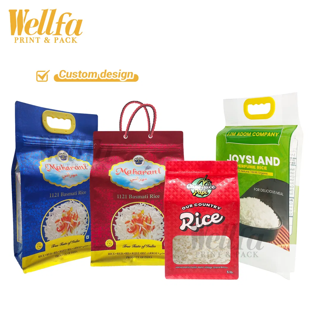 تخصيص تعبئة غذائية من النايلون كيس دقيق قاع مسطح بلاستيكي 1kg 2kg 3kg 5kg كيس تعبئة مقبض فراغ كيس أرز