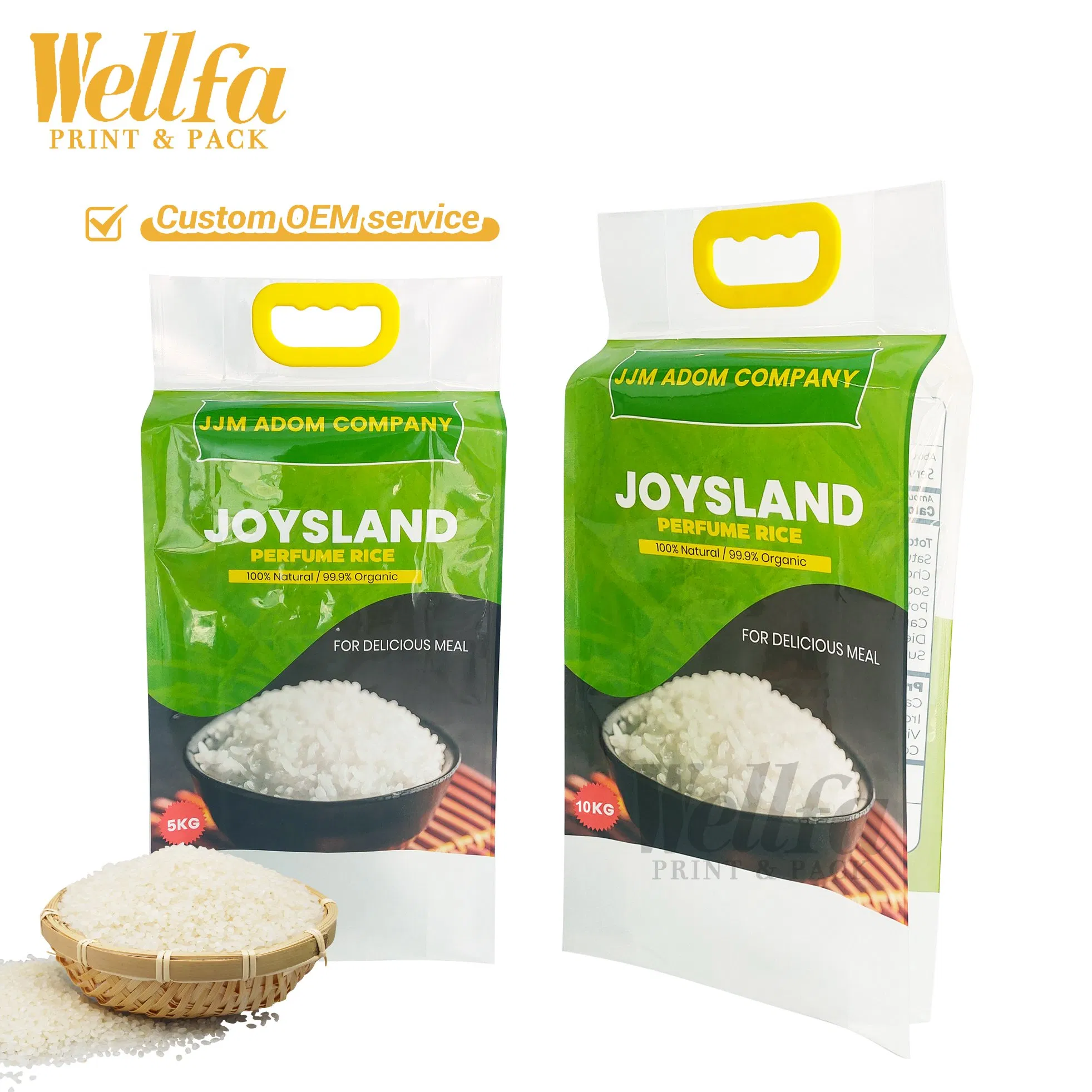 تخصيص تعبئة غذائية من النايلون كيس دقيق قاع مسطح بلاستيكي 1kg 2kg 3kg 5kg كيس تعبئة مقبض فراغ كيس أرز