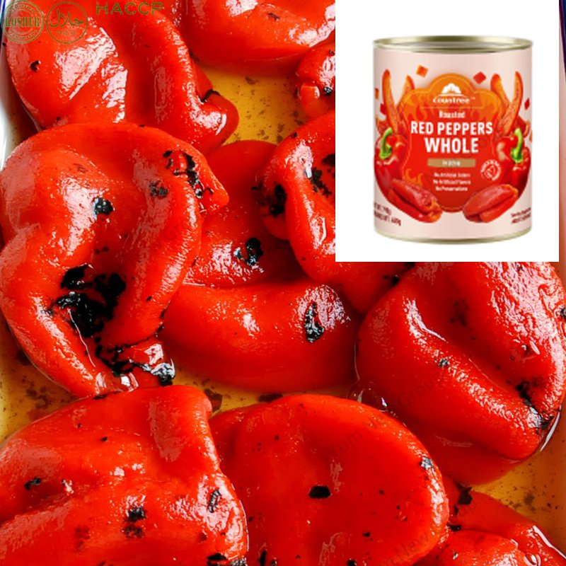 Pimiento rojo asado enlatado de China entero, en rodajas, en dados