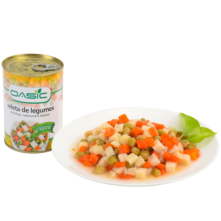 Verduras Mixtas enlatadas BRC HACCP con Zanahorias, Guisantes Verdes, Maíz Dulce 400g Lata Suministro a Granel de Fábrica OEM