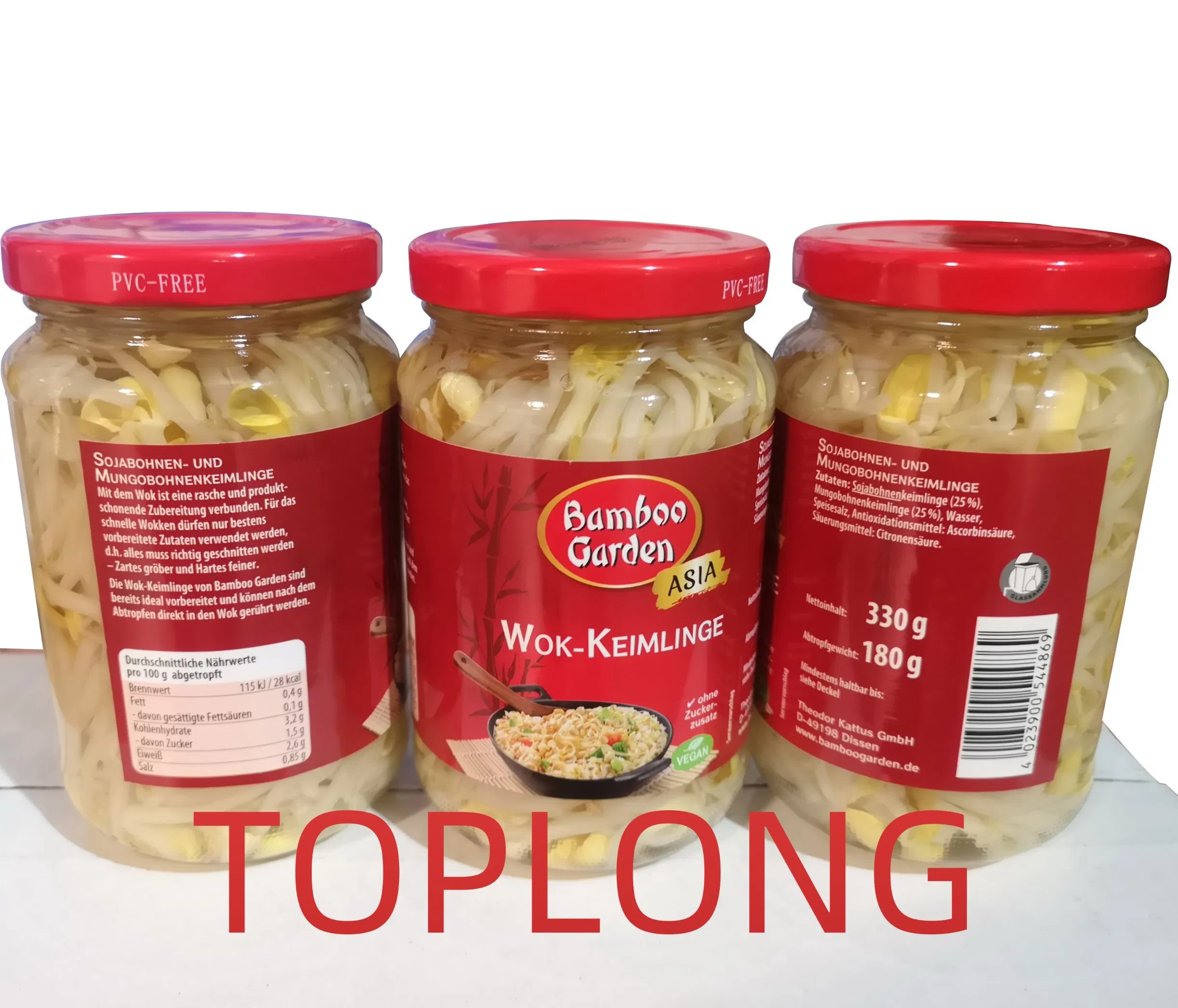 Brotes mixtos de soja y frijol mungo en tarros de vidrio
