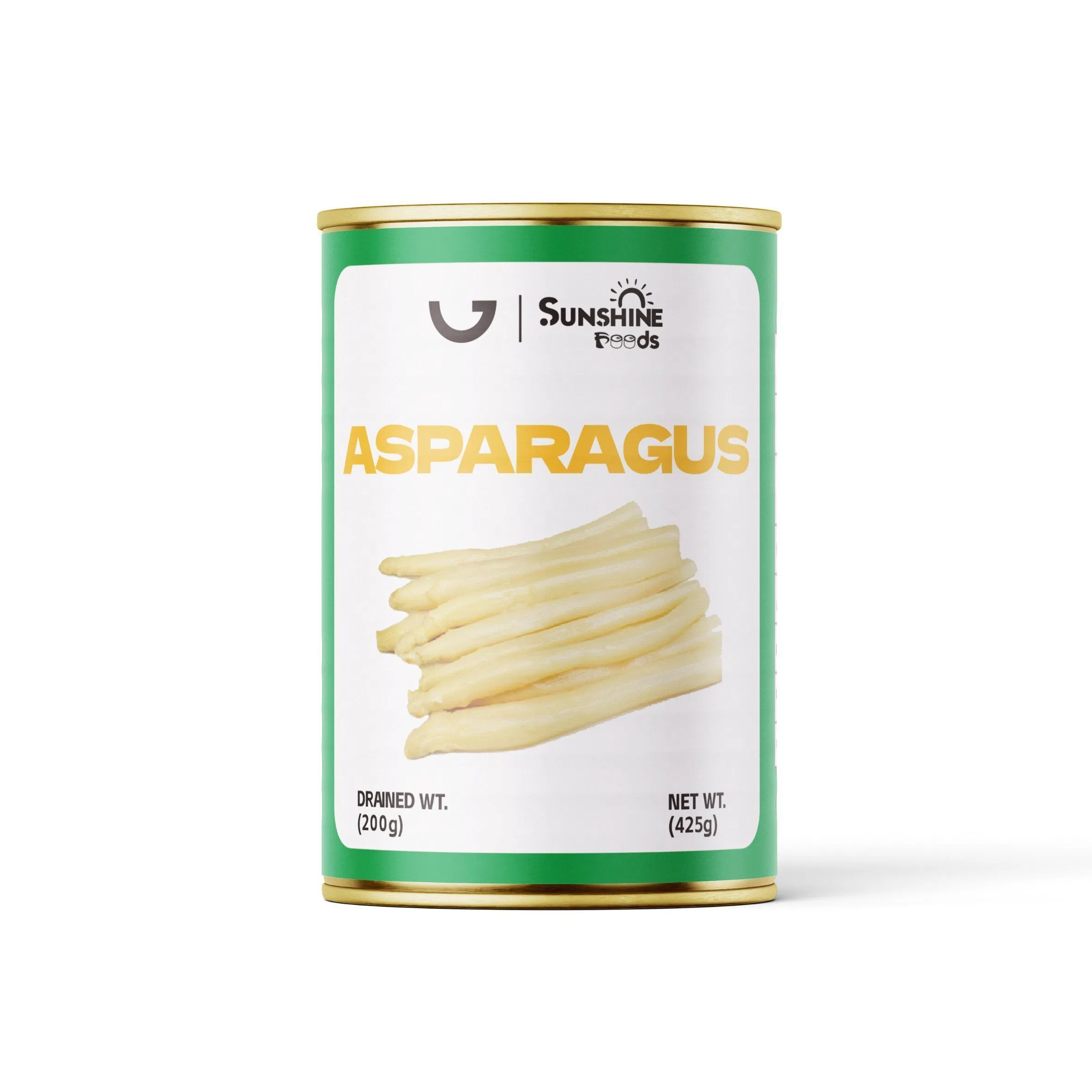 Espárragos enlatados preparados frescos, peso neto 425g, conservados en agua salada