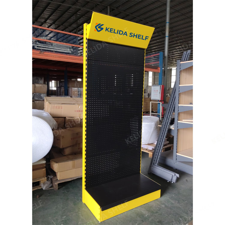 Heavy Duty Power Tools Display Rack Black Metal Pegboard Shelf Stand with Hooks Customized Showroom Tool Organizer