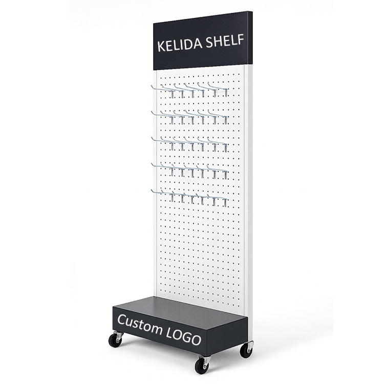 Custom Metal Pegboard Display Rack with Hooks and Wheels for Store Tools or Accessories