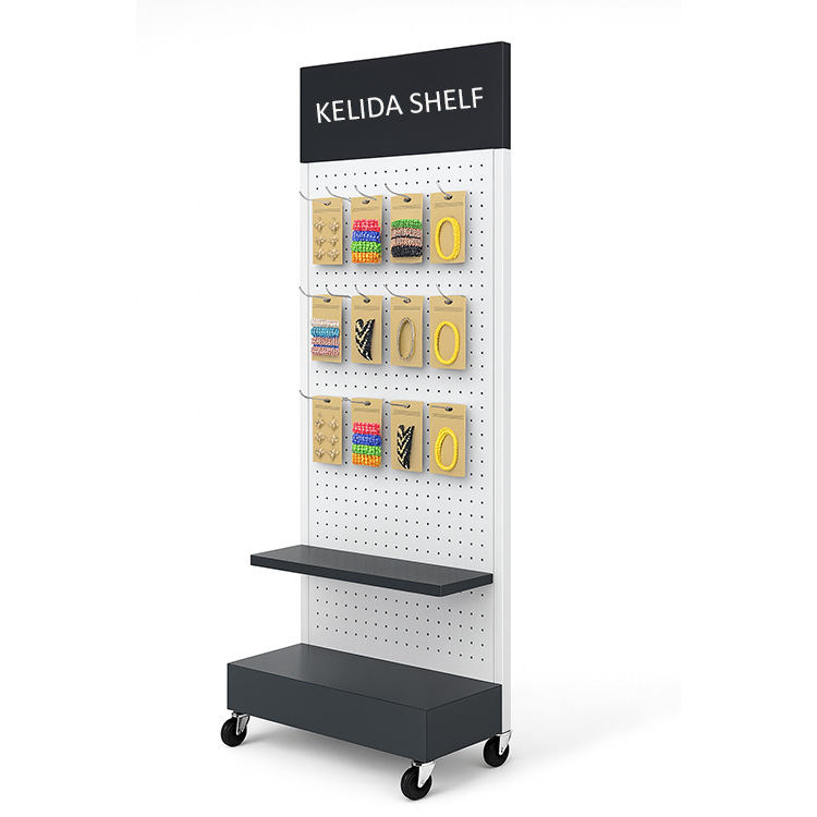 Custom Metal Pegboard Display Rack with Hooks and Wheels for Store Tools or Accessories