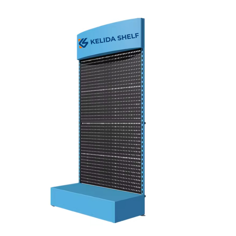 Custom Logo Hardware Store Display Rack Metal Pegboard Tool Hanging Stand Floor Type Heavy Duty Display Shelving