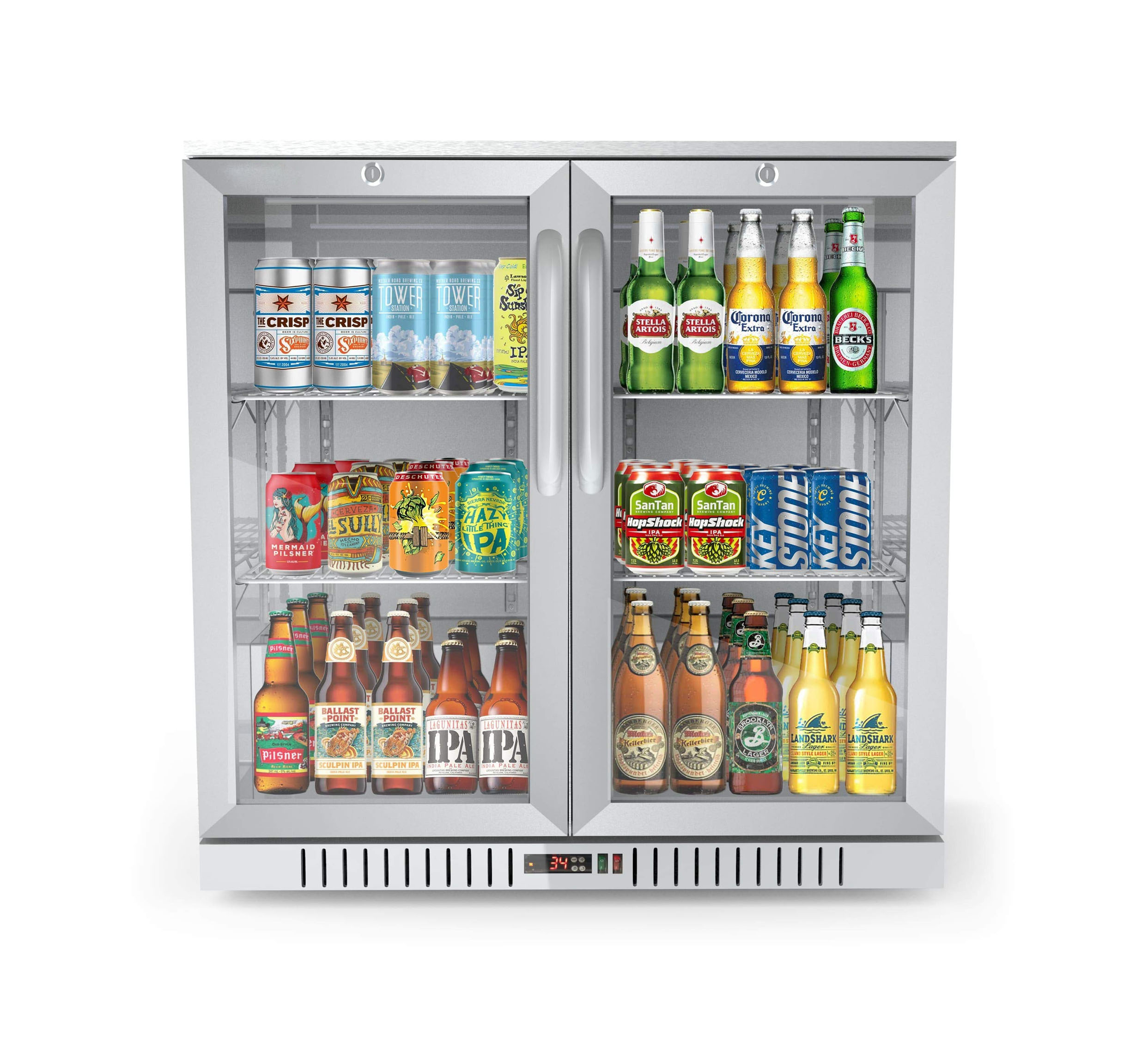 Stainless Steel Undercounter Beverage Refrigerator with Two Glass Doors for Restaurant