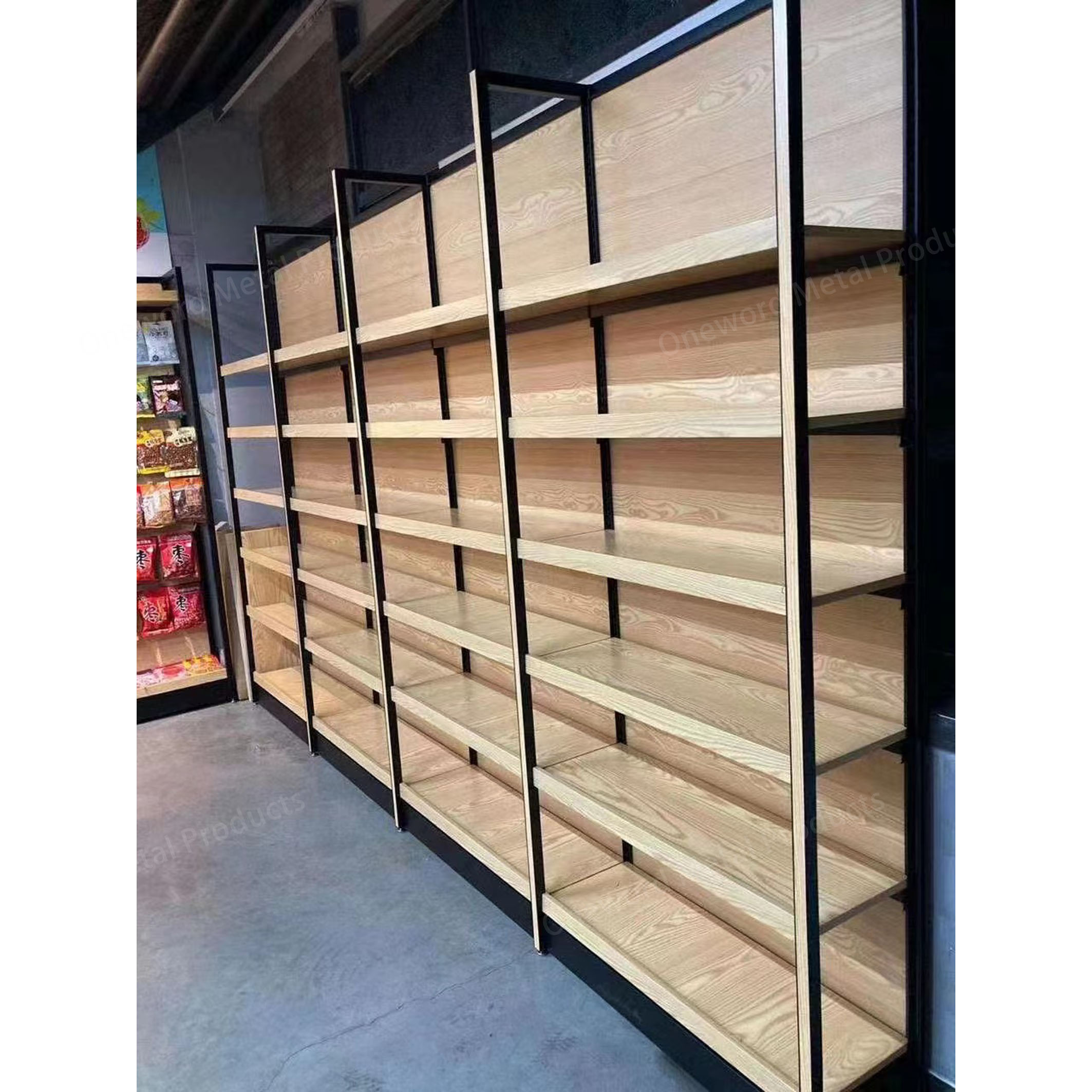Commercial Metal Double Side Steel Wood Shelf Gondolas Supermarket Wooden Shelves