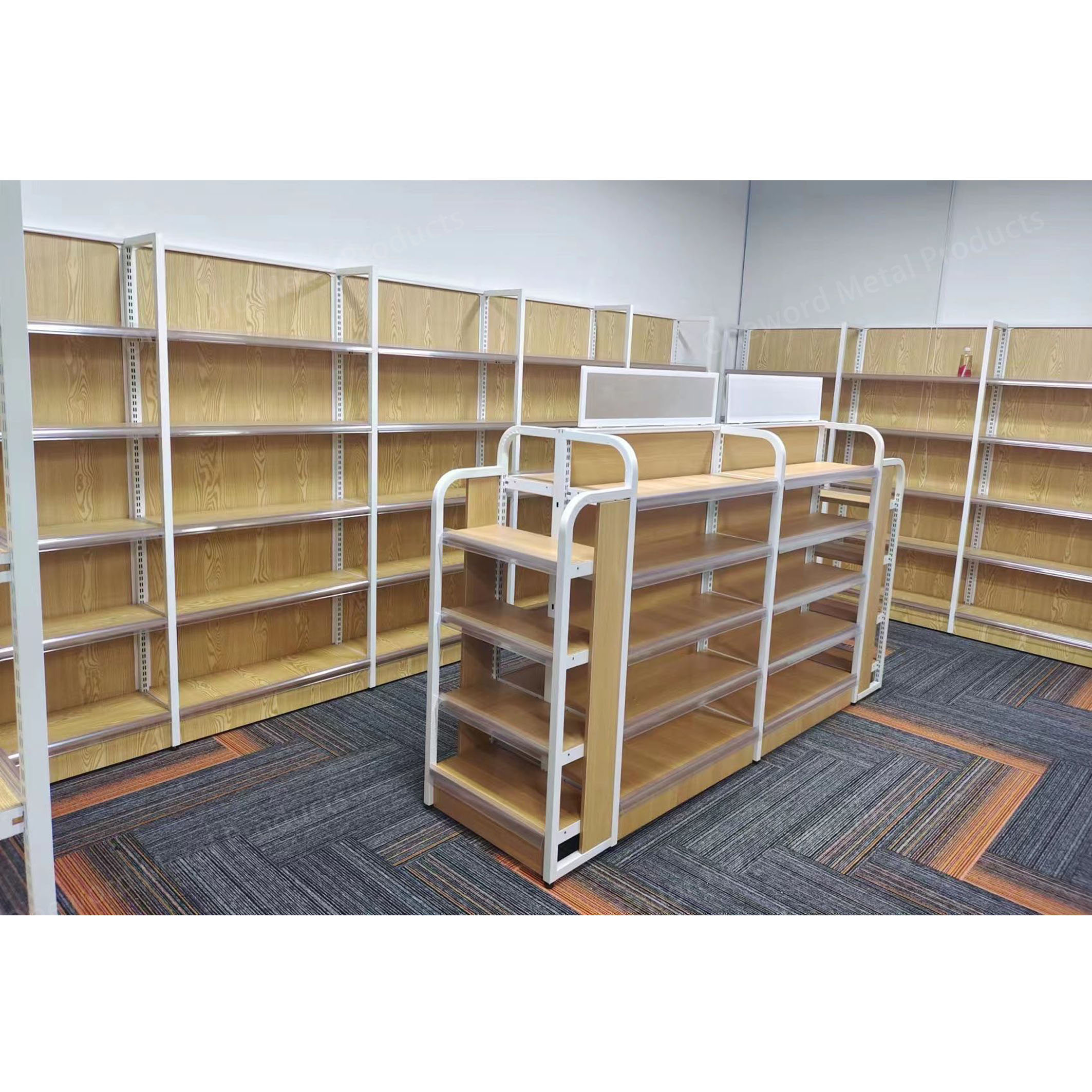 Cold Rolled Steel Wood Structure Supermarket Shelf Custom Label Gondola Shelving