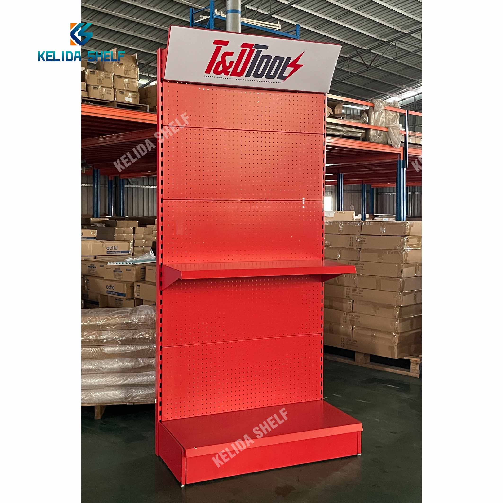 Heavy Duty Power Tools Display Rack Black Metal Pegboard Shelf Stand with Hooks Customized Showroom Tool Organizer