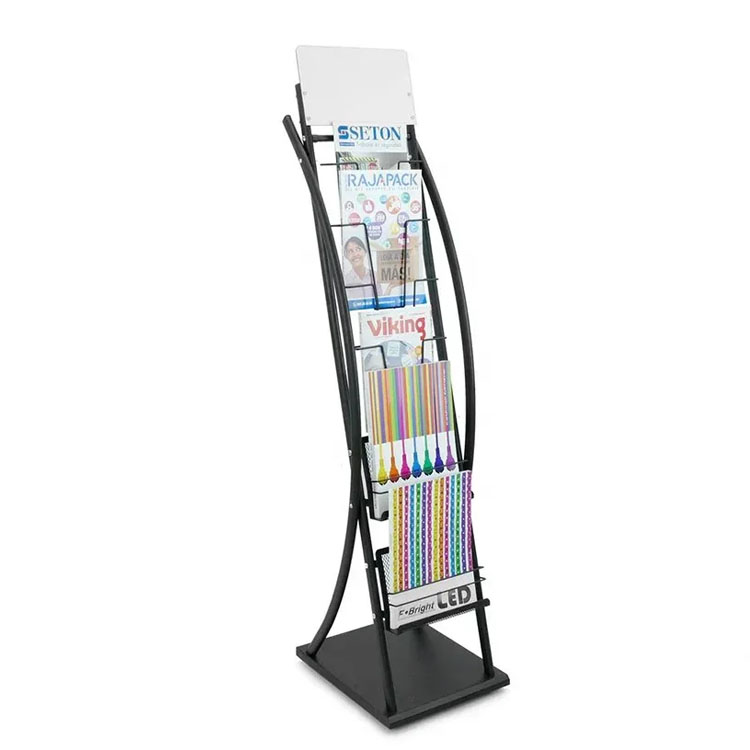 Custom Metal Floor Standing Brochure Display Stand A4 Size Magazine Rack for Hotels Shopping Mall and Office