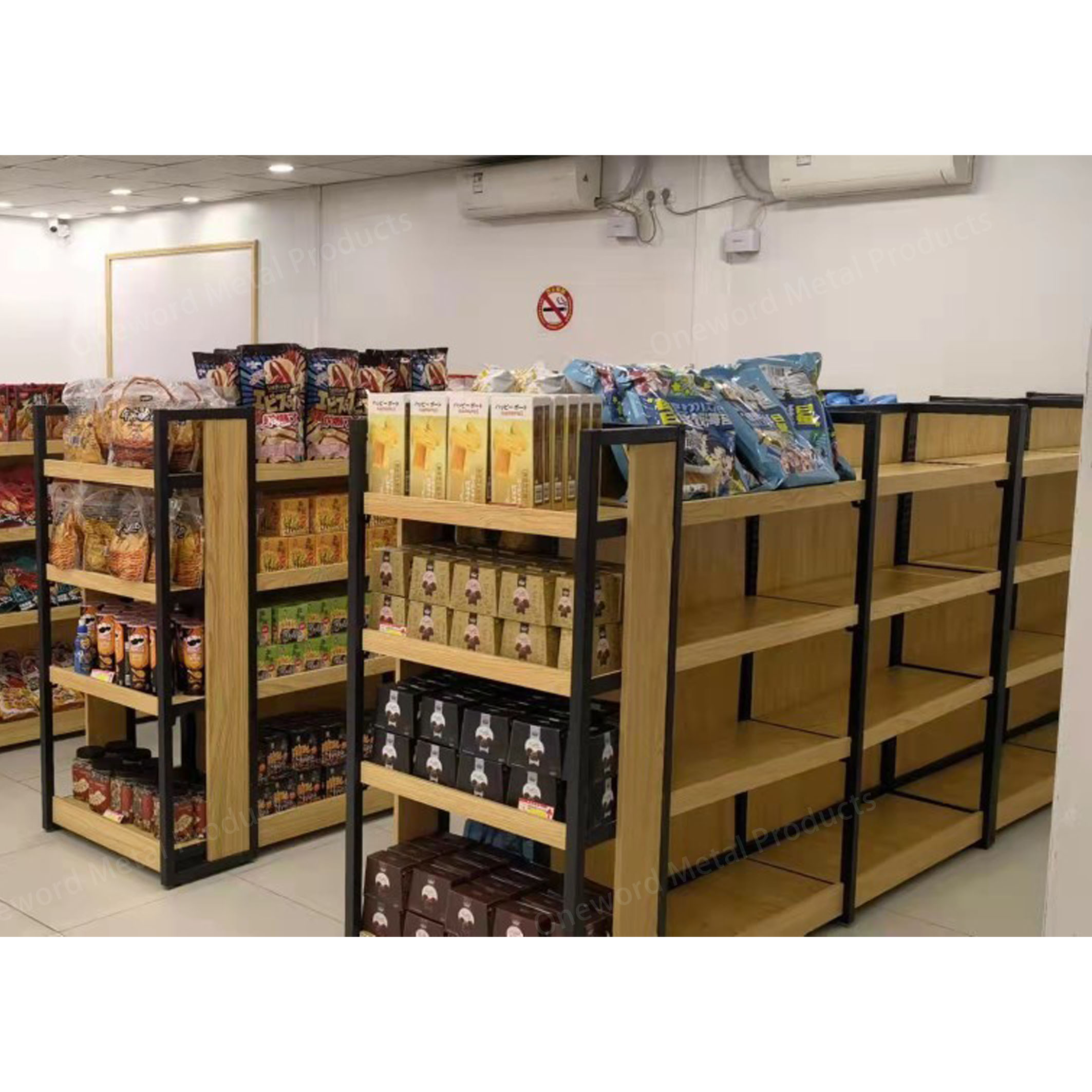 Cold Rolled Steel Wood Structure Supermarket Shelf Custom Label Gondola Shelving