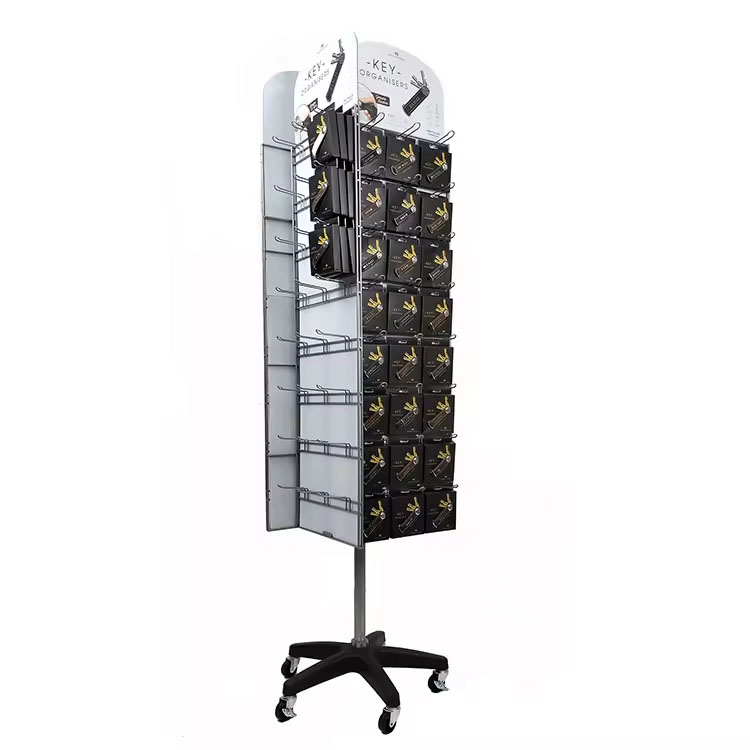 Custom Magnetic Rotating Display Stand Mobile Pegboard Rack with Wheels for Branding Products Promotion