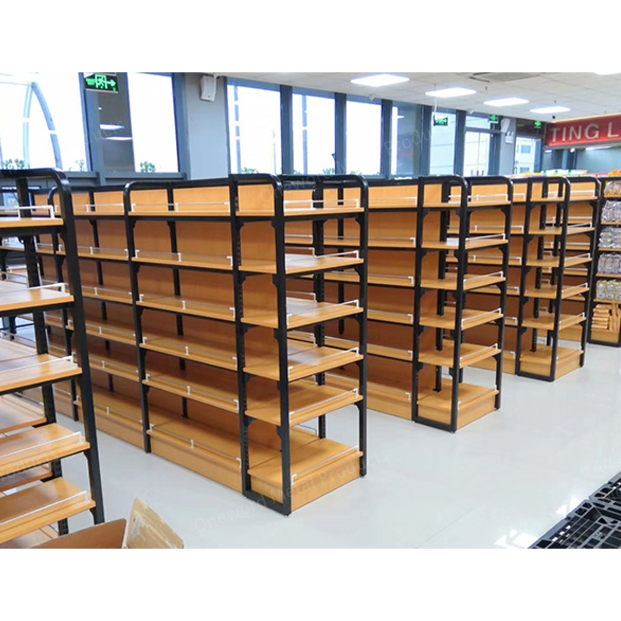 Cold Rolled Steel Wood Structure Supermarket Shelf Custom Label Gondola Shelving