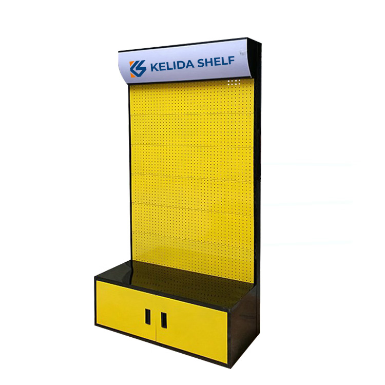 Custom Logo Hardware Store Display Rack Metal Pegboard Tool Hanging Stand Floor Type Heavy Duty Display Shelving