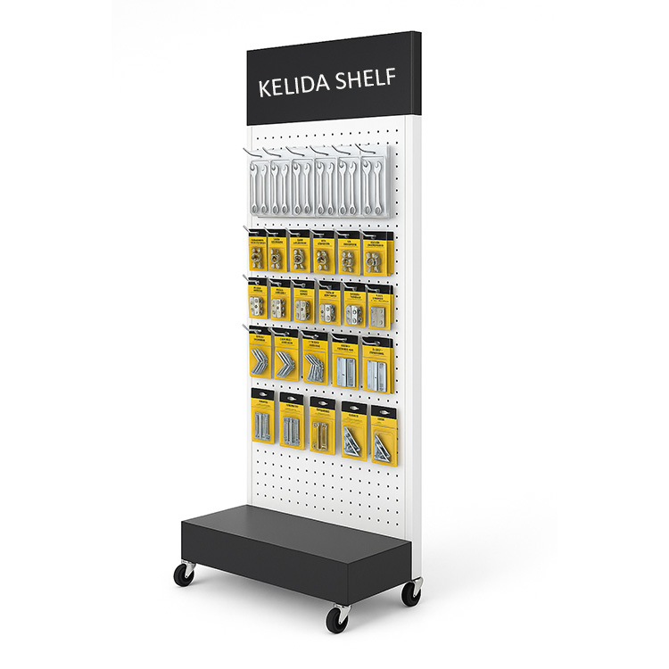 Custom Metal Pegboard Display Rack with Hooks and Wheels for Store Tools or Accessories