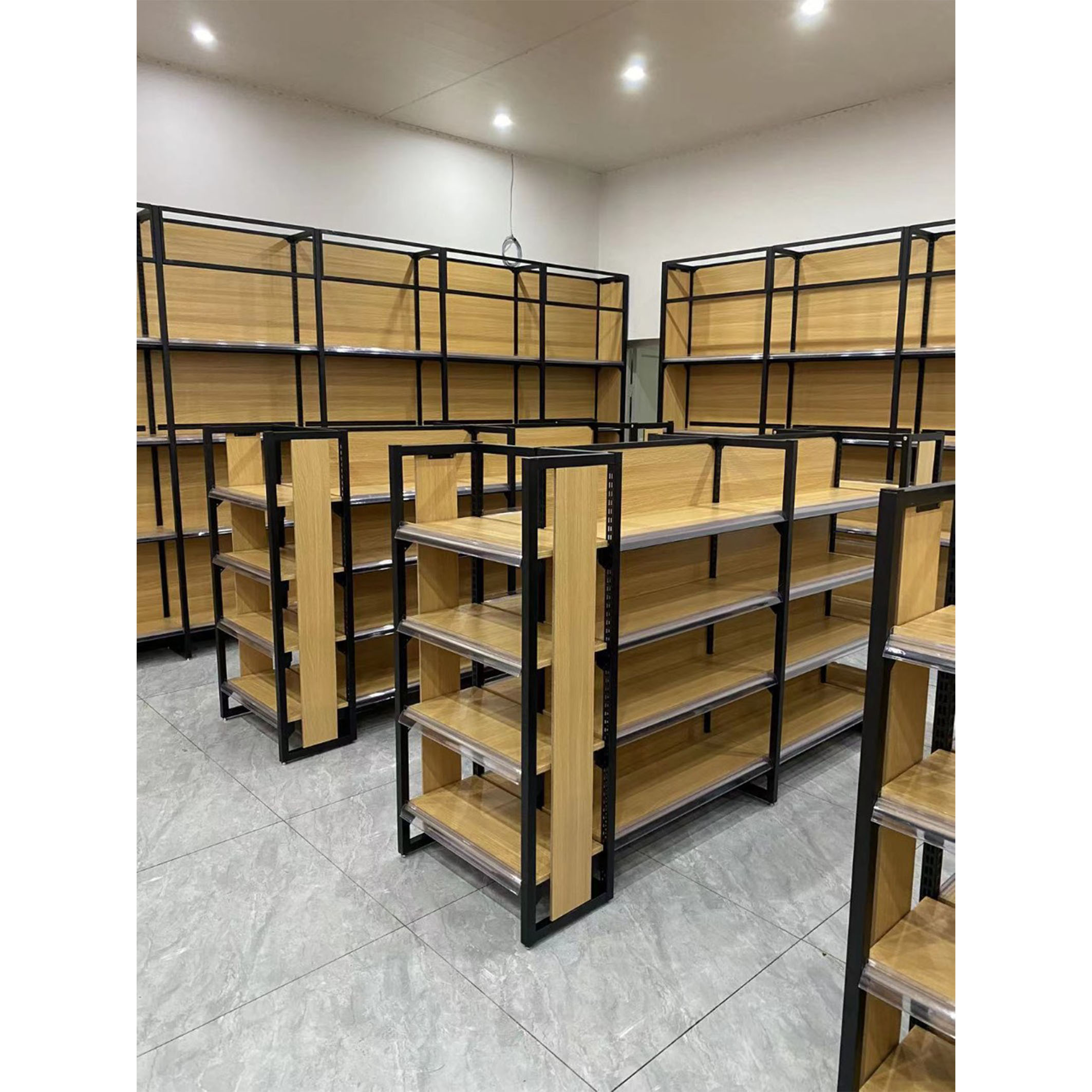 Cold Rolled Steel Wood Structure Supermarket Shelf Custom Label Gondola Shelving