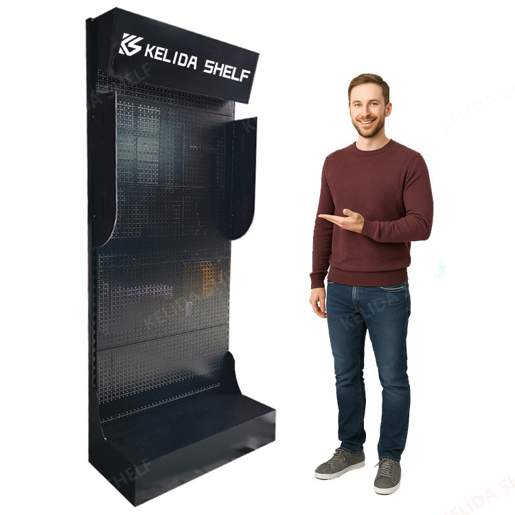 Reinforced Metal Pegboard Display Stand With Advertising Panel for Tools and Accessories Retail Display Shelf for Hardware Store
