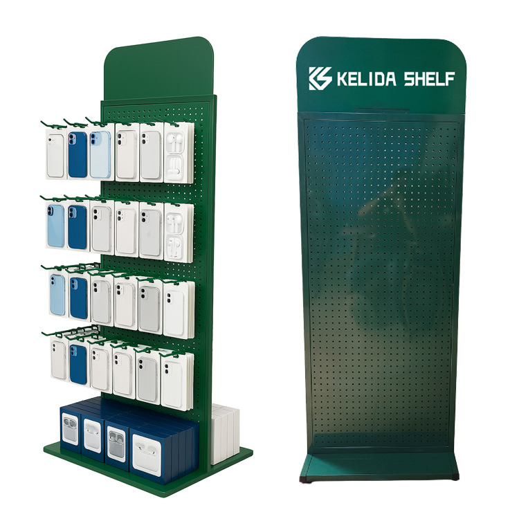 Double-Sided Metal Pegboard Display Stand with Hooks for Mobile Phone Accessories Headphones and Retail Store Use