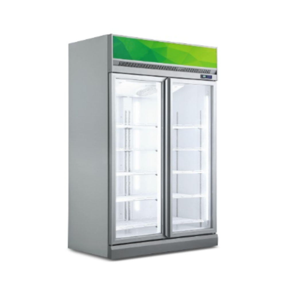 Commercial Double Door Glass Display Refrigerator Upright Beverage Cooler for Supermarket