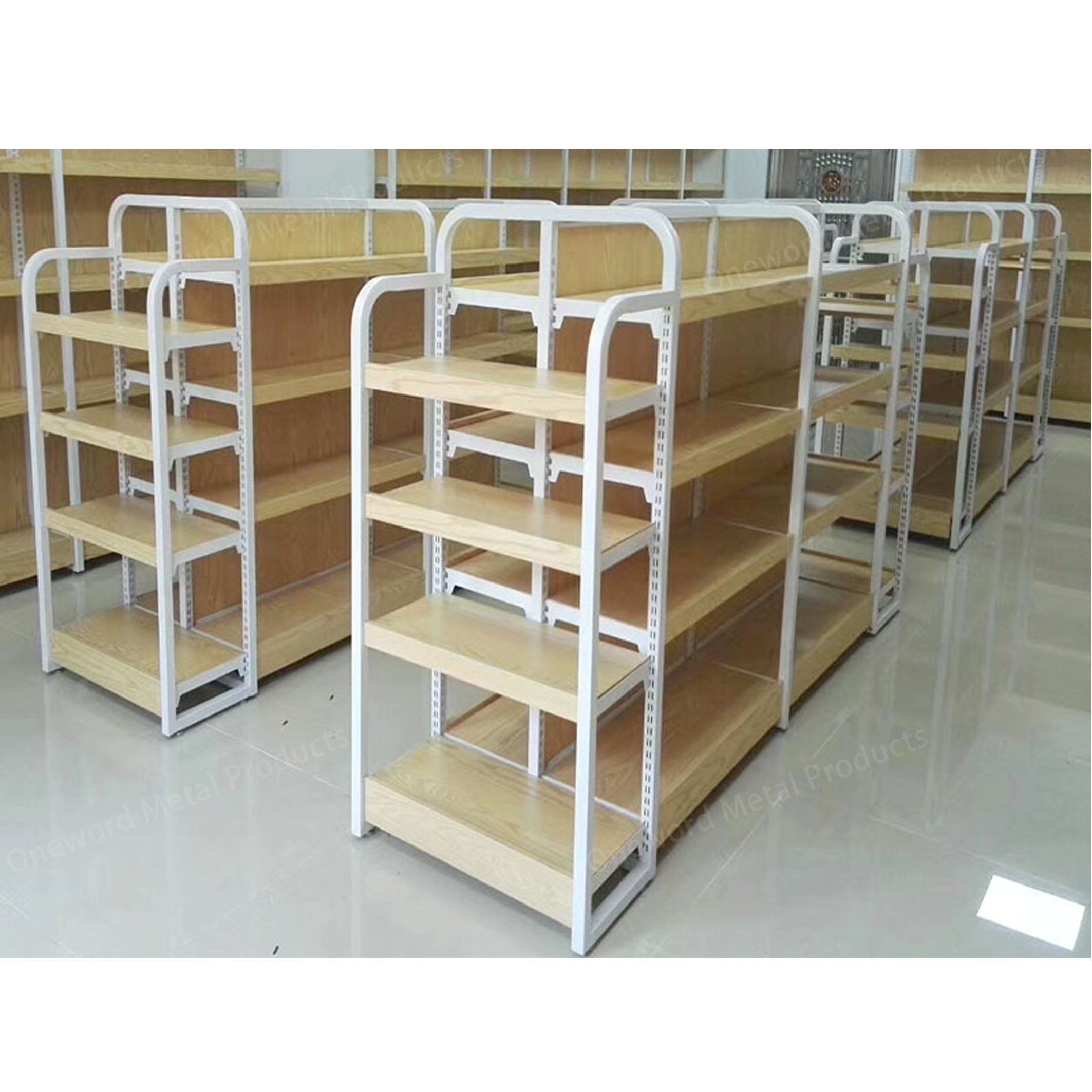 Commercial Metal Double Side Steel Wood Shelf Gondolas Supermarket Wooden Shelves