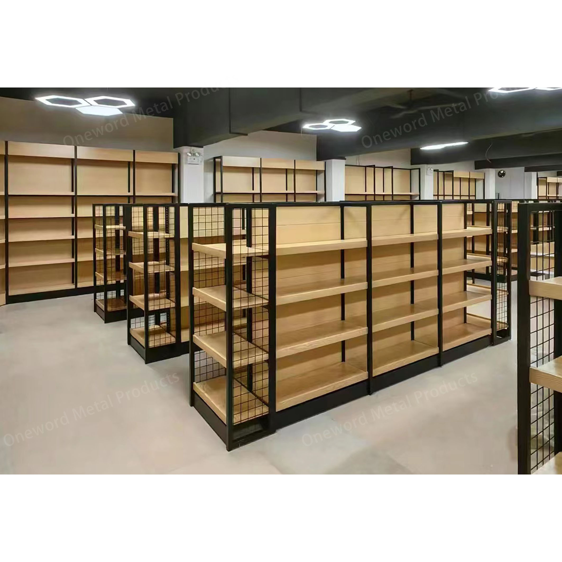 Commercial Metal Double Side Steel Wood Shelf Gondolas Supermarket Wooden Shelves