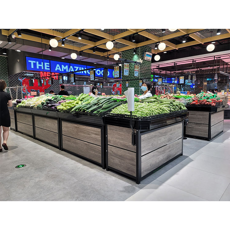 Retail Shop Fruit and Vegetable Rack Stainless Steel Metal Wooden Material Vegetable Display Rack Shelf for Fresh Stores