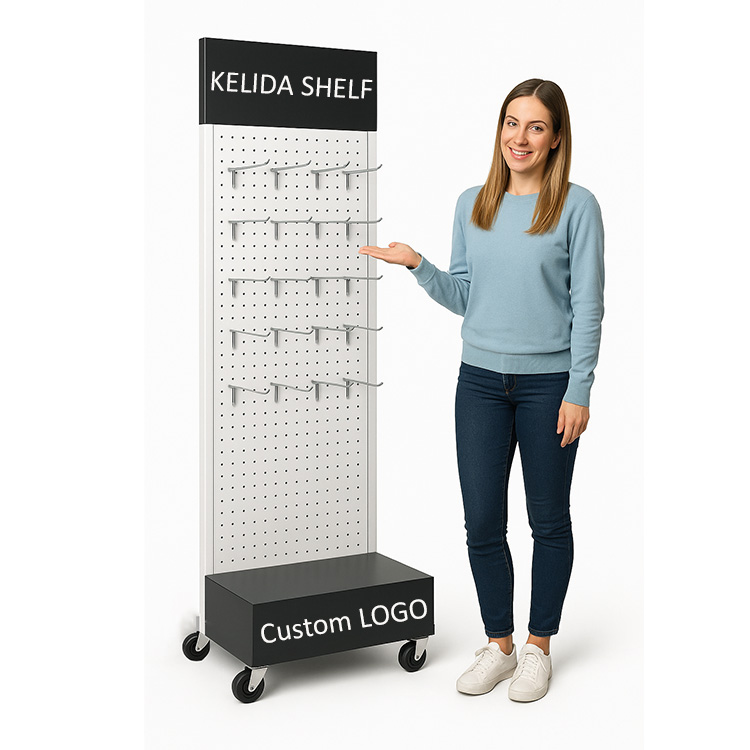 Reinforced Metal Pegboard Display Stand With Advertising Panel for Tools and Accessories Retail Display Shelf for Hardware Store