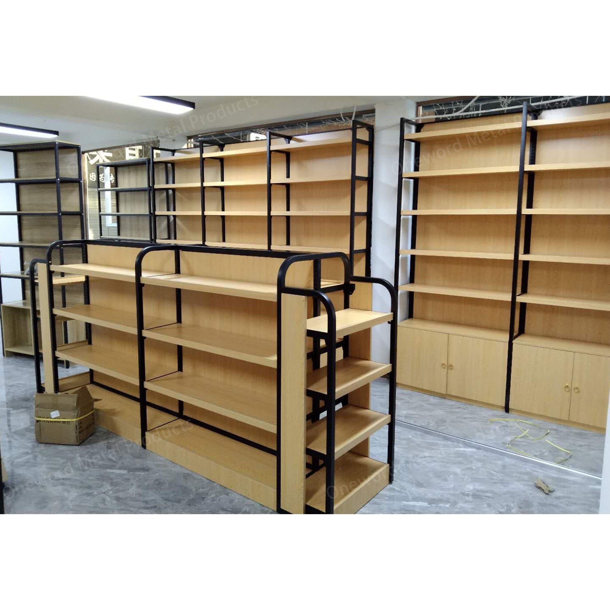 Cold Rolled Steel Wood Structure Supermarket Shelf Custom Label Gondola Shelving