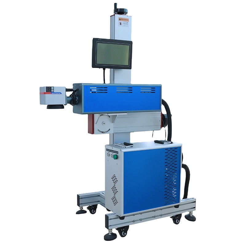 Autofocus Online Flying 30W Co2 Galvo Laser Marking Machine With Conveyor for Jeans Id Card Cable Bird Ring Pen Wood Engraving