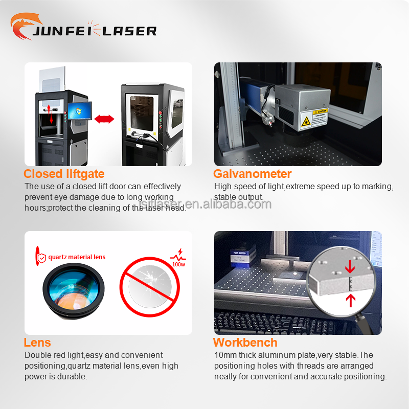 JUNFEI CE Fully Enclosed 1064nm Fiber Laser Marking Machine 20W/30W/50W/100W EZCAD Control Metal/Pcb Parts Industry AI/DWG/DST