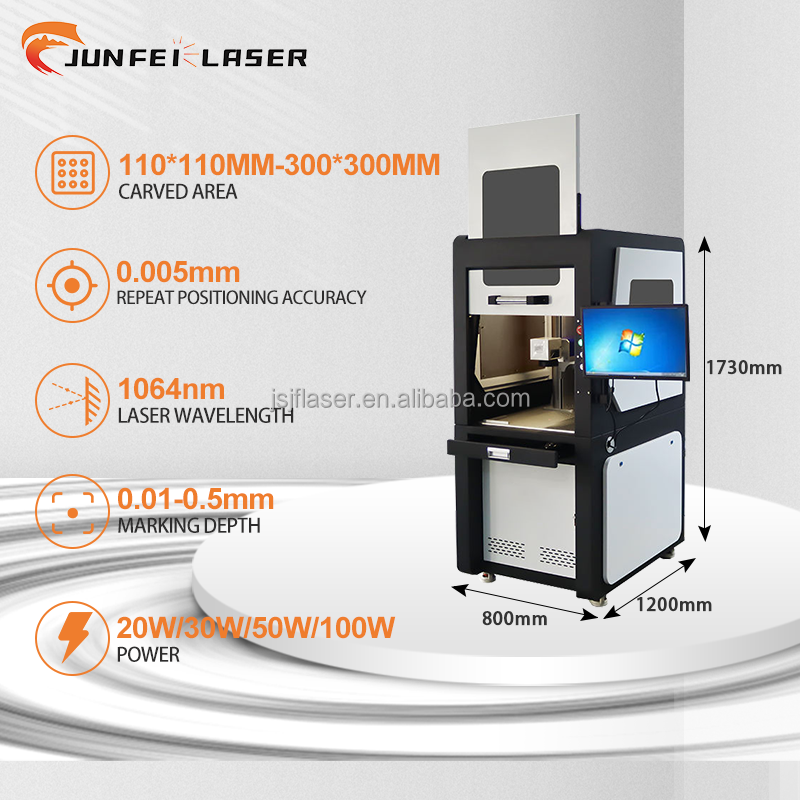 JUNFEI CE Fully Enclosed 1064nm Fiber Laser Marking Machine 20W/30W/50W/100W EZCAD Control Metal/Pcb Parts Industry AI/DWG/DST