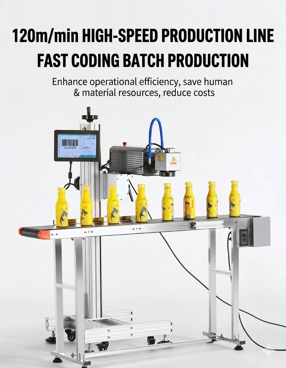 30W 50W 100W Online Flying Date Fiber Laser Coding Printing Marking Machine with Compute
