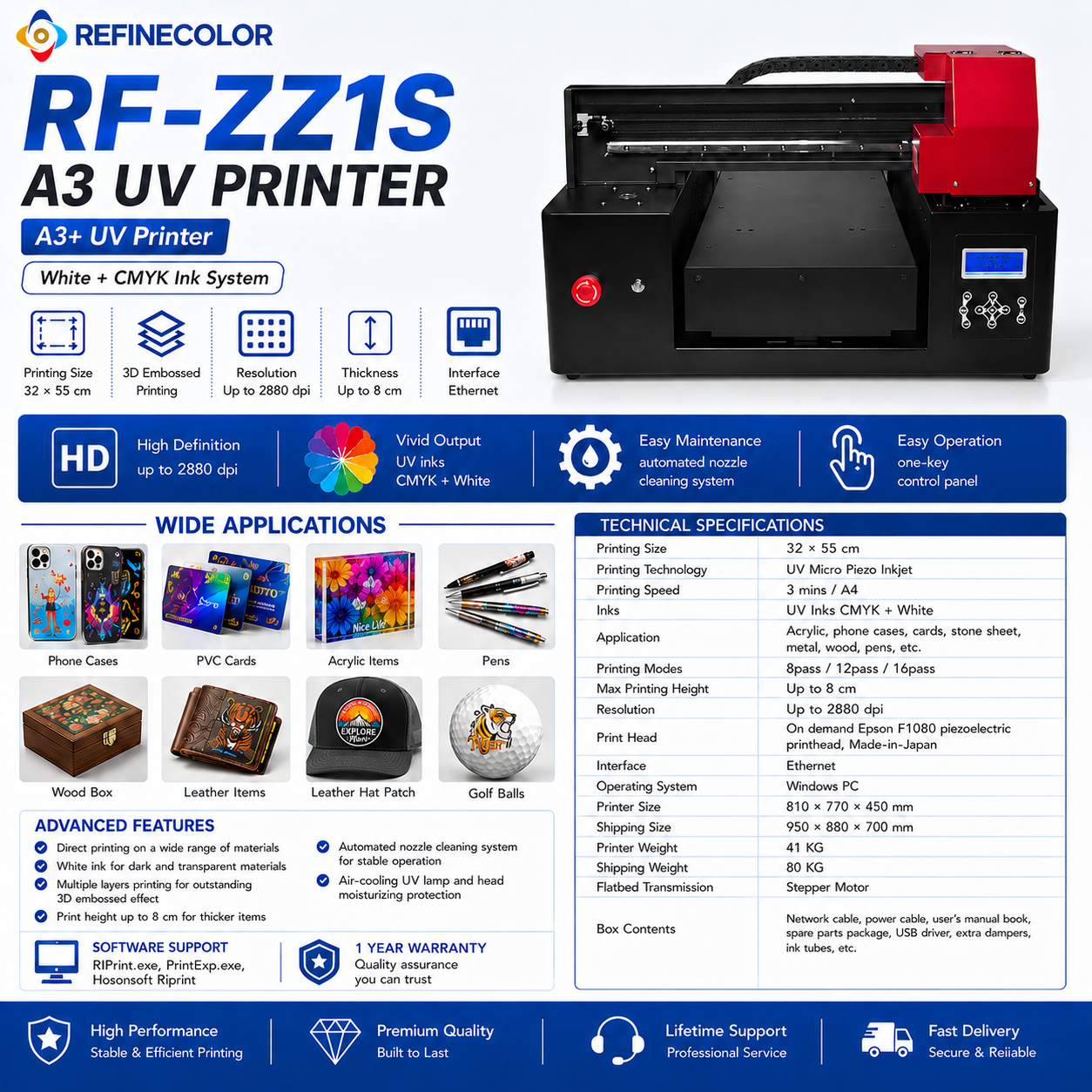 Refinecolor Low Cost A3 Flatbed UV Printer Inkjet Printing Machine For Phone Case Glass Trophy Acrylic Golf Balls Pen Wood Metal
