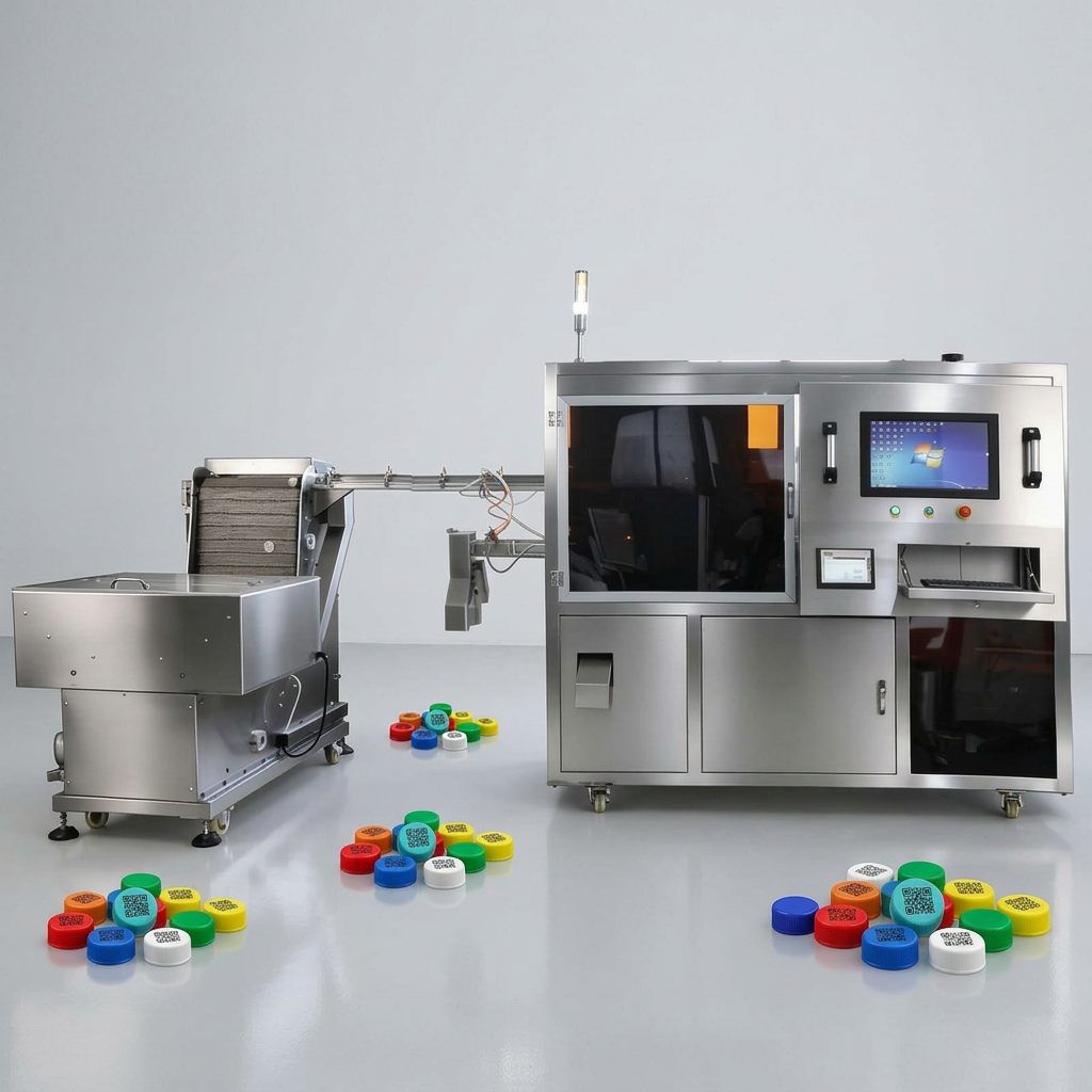 Automated Bottle Cap UV Laser Double Sided Marking Machine with Vision Inspection &amp; Anti-Counterfeiting Traceability System
