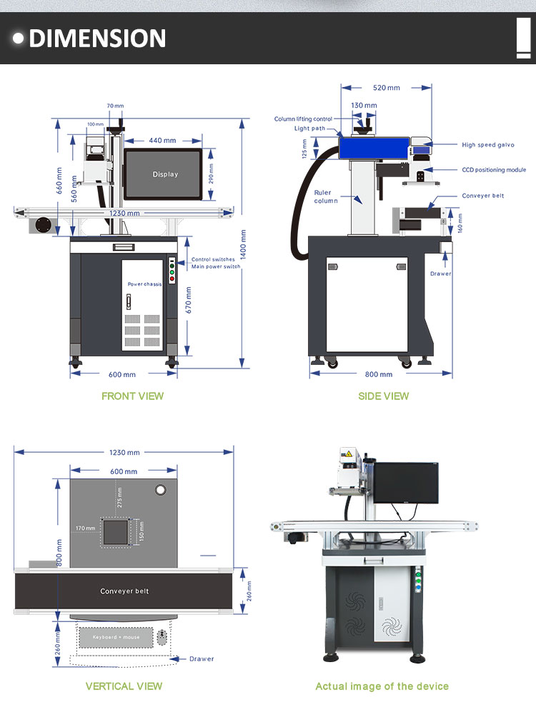 CCD Visual Positioning Fiber Laser Marking Machine with Conveyor Belt for Small/Poorly Placed Products for Line Marking