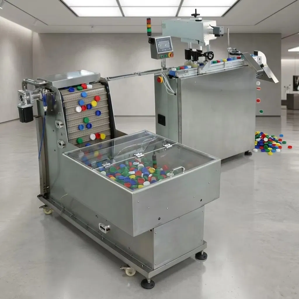 Automatic Bottle Cap Elevator Feeding UV Laser Marking Machine with Visual Inspection &amp; Reject System Anti-Counterfeiting Traceability