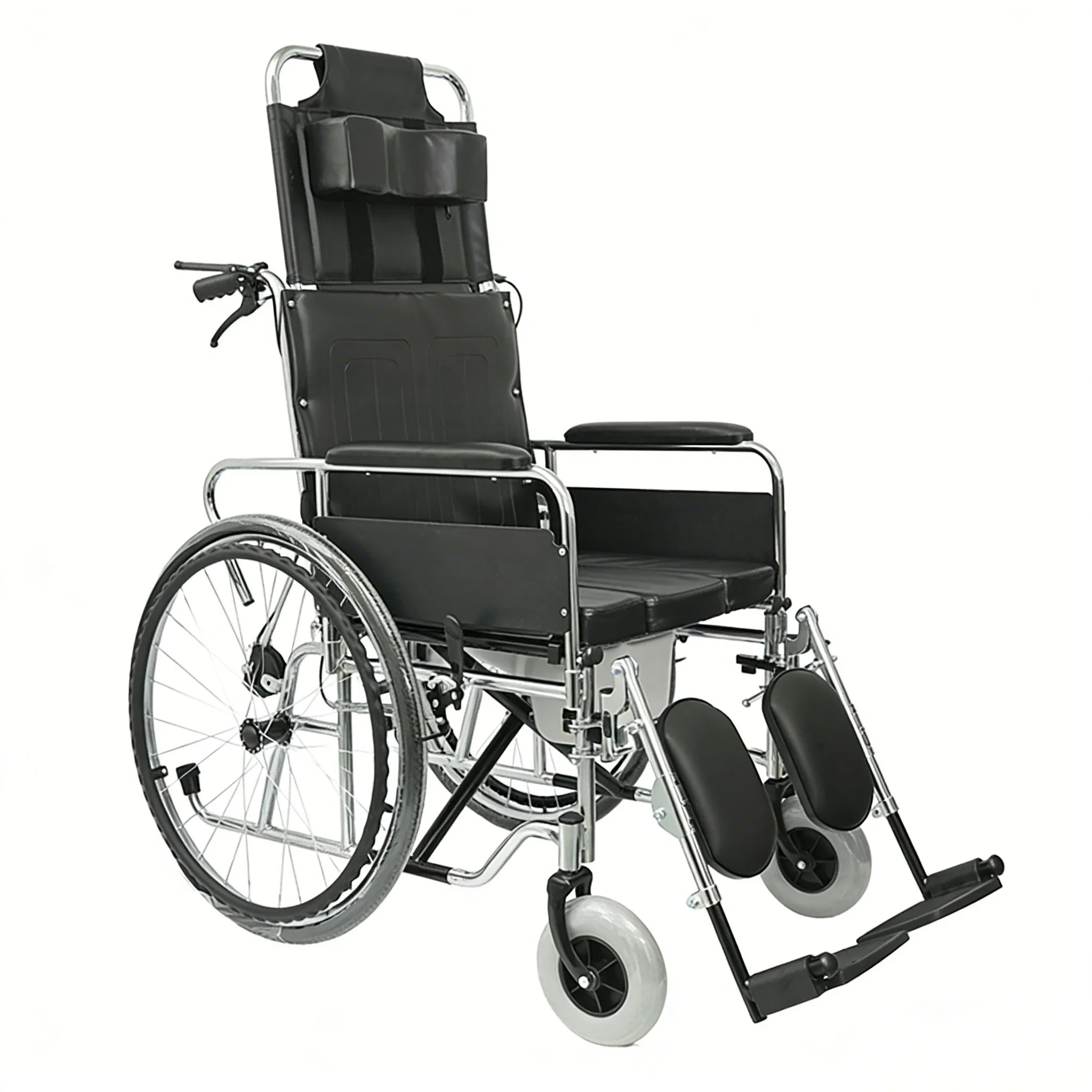 High Back Wheelchair Reclining PU Leather Seat with Commode