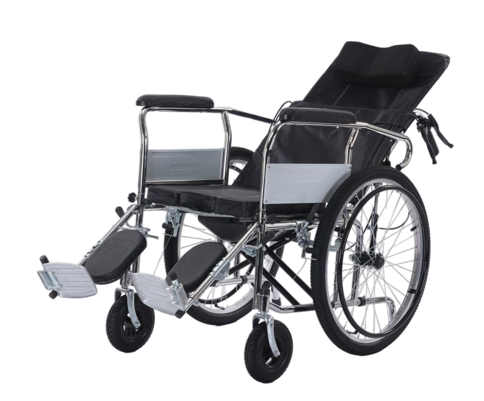 Multi-Functional Manual Hydraulic Wheelchair - All-Terrain Foldable Design Reclining Seat &amp; Chrome-Plated Structure