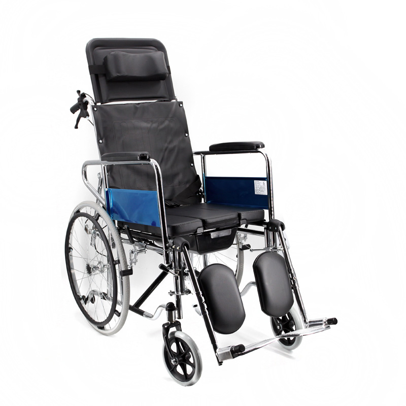 High Back Reclining Steel Commode Wheelchair, Detachable Armrest, Detachable Elevating Legrest