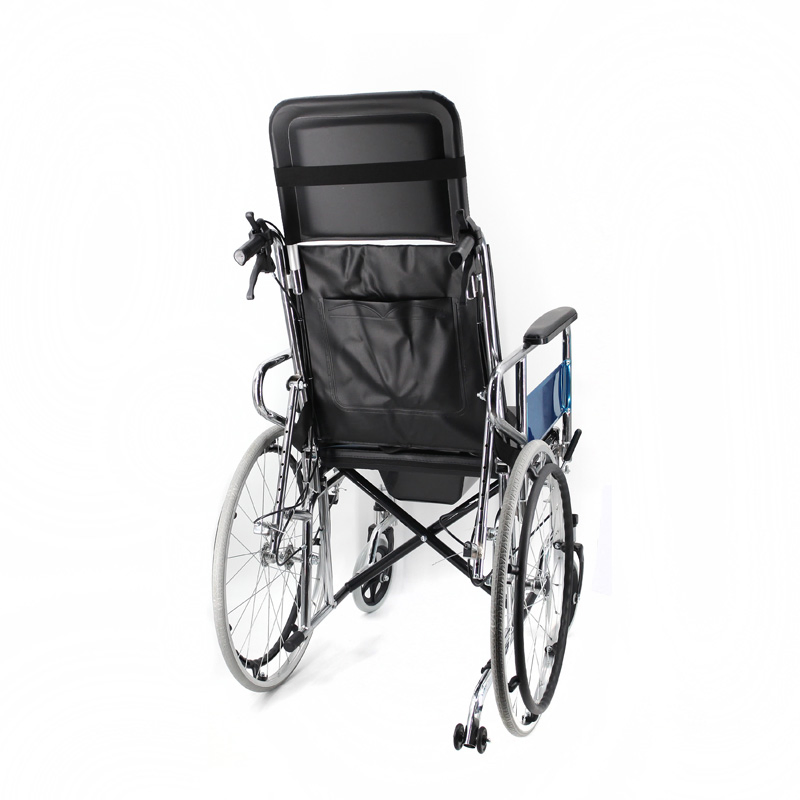 High Back Reclining Steel Commode Wheelchair, Detachable Armrest, Detachable Elevating Legrest