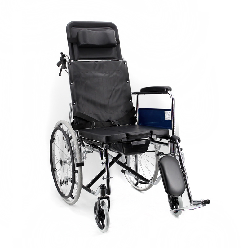 High Back Reclining Steel Commode Wheelchair, Detachable Armrest, Detachable Elevating Legrest
