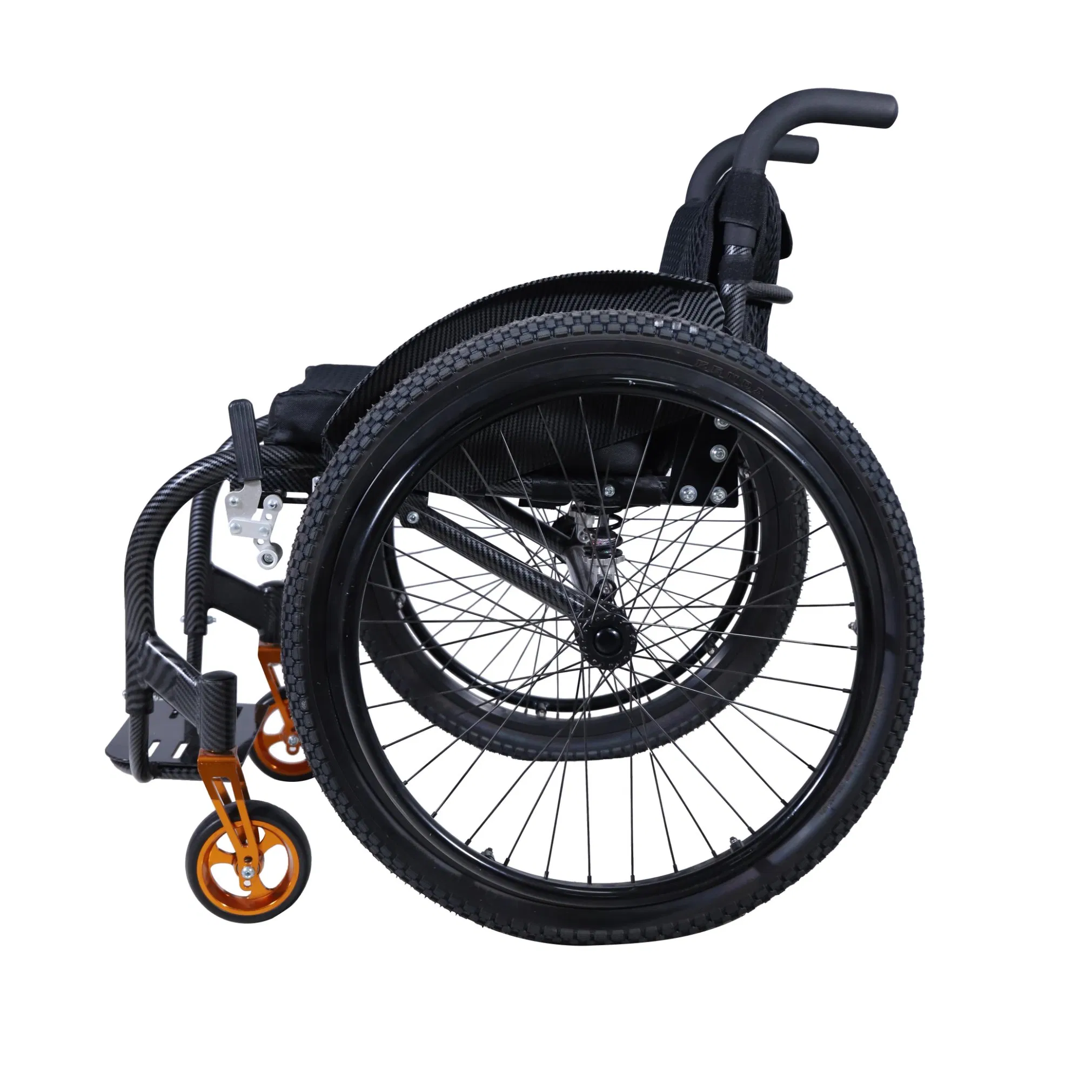 Deep Black Aluminum Alloy Sports Wheelchair with Orange Footrests