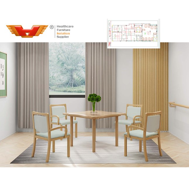 Turn Key Project Service Nursing Home Solid Wooden Restaurant Tables Furniture Set and Chairs
