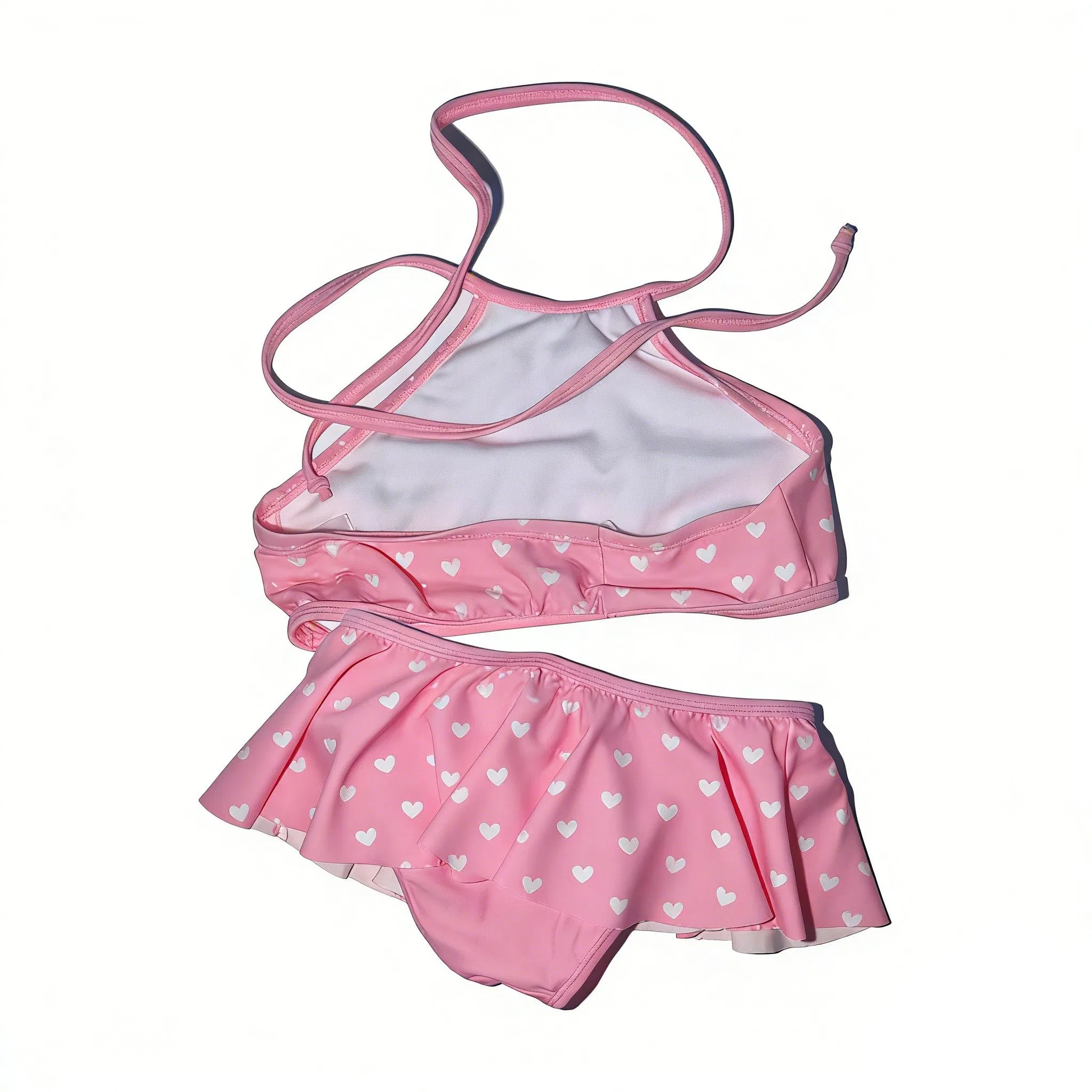 Bonito traje de baño de dos piezas con volantes en forma de corazón rosa para niños