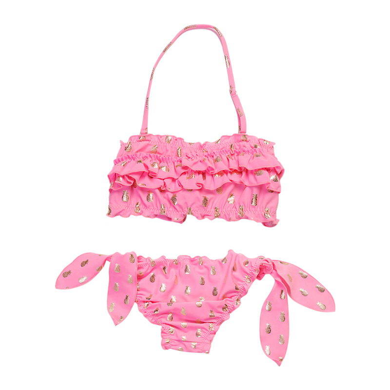 Bañador de dos piezas para niñas con estampado de foil dorado y volantes