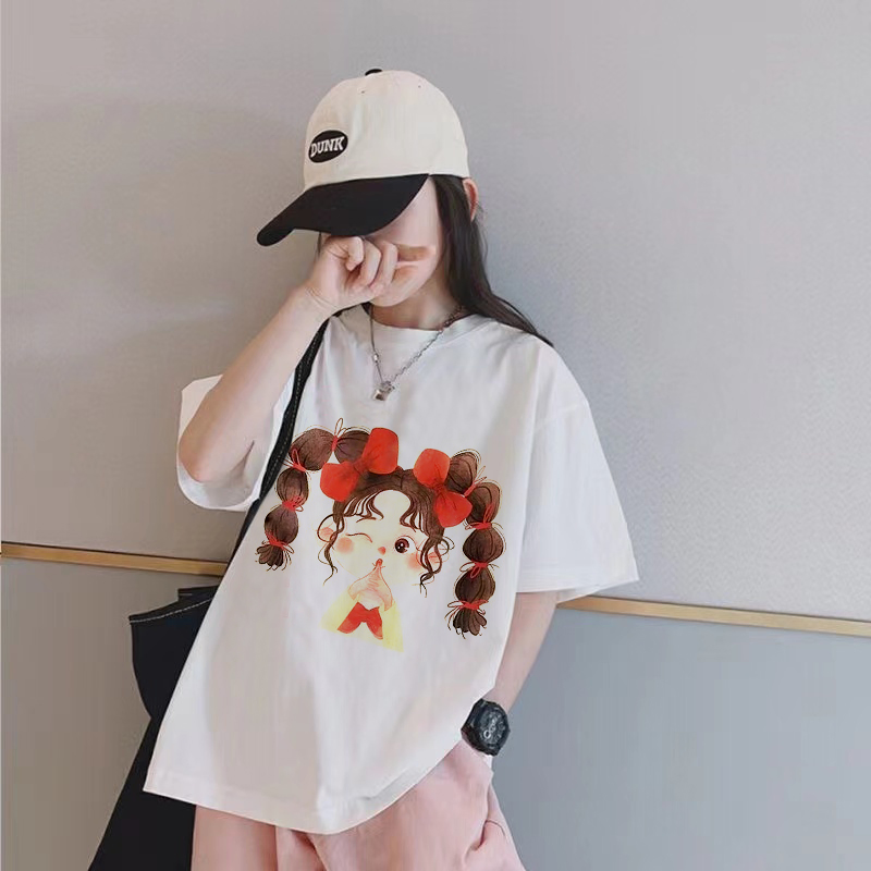Ropa nueva para bebés niñas, camiseta de cuello redondo impresa, camiseta de algodón orgánico de manga corta para niños