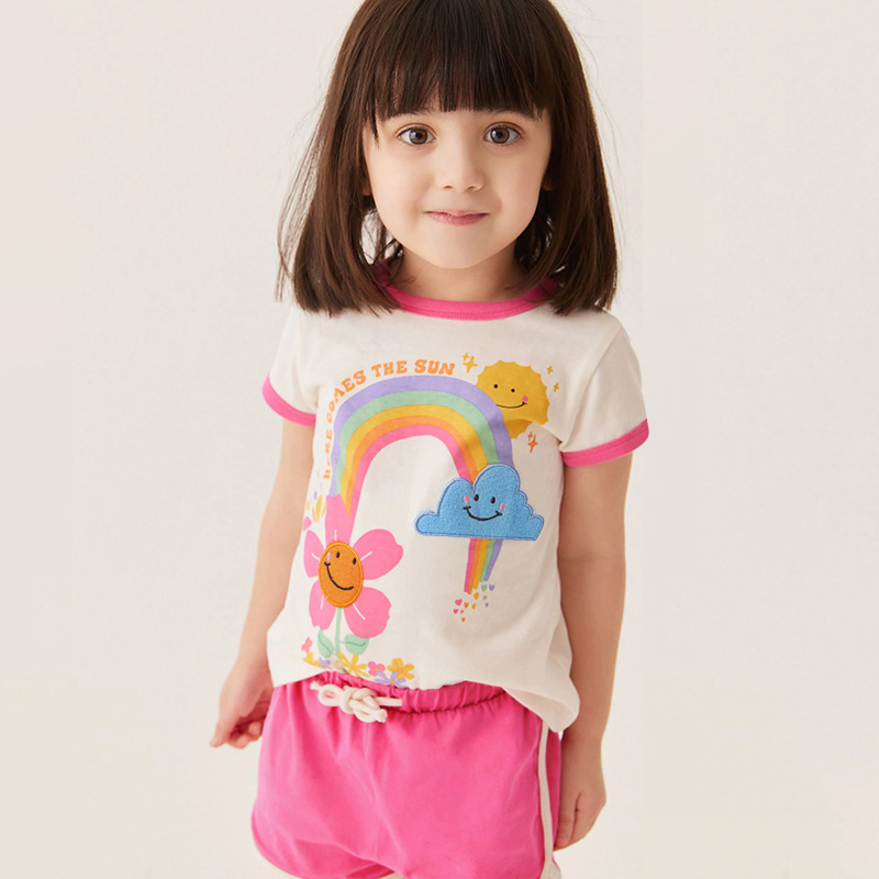 Ropa de verano 2024 Lovely and Fashion niños niña niño niño pequeño Camiseta con estampado de arco iris y pantalón corto deportivo ropa