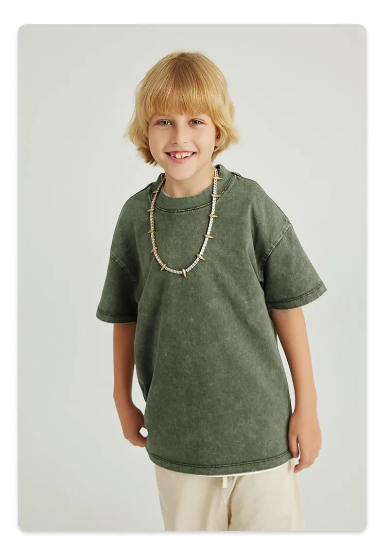 Camiseta de algodón lavada a la moda para niños de verano personalizada al por mayor 270GSM 100% Camiseta para niños con hombros caídos, camiseta vintage de lavado ácido para niños y niñas