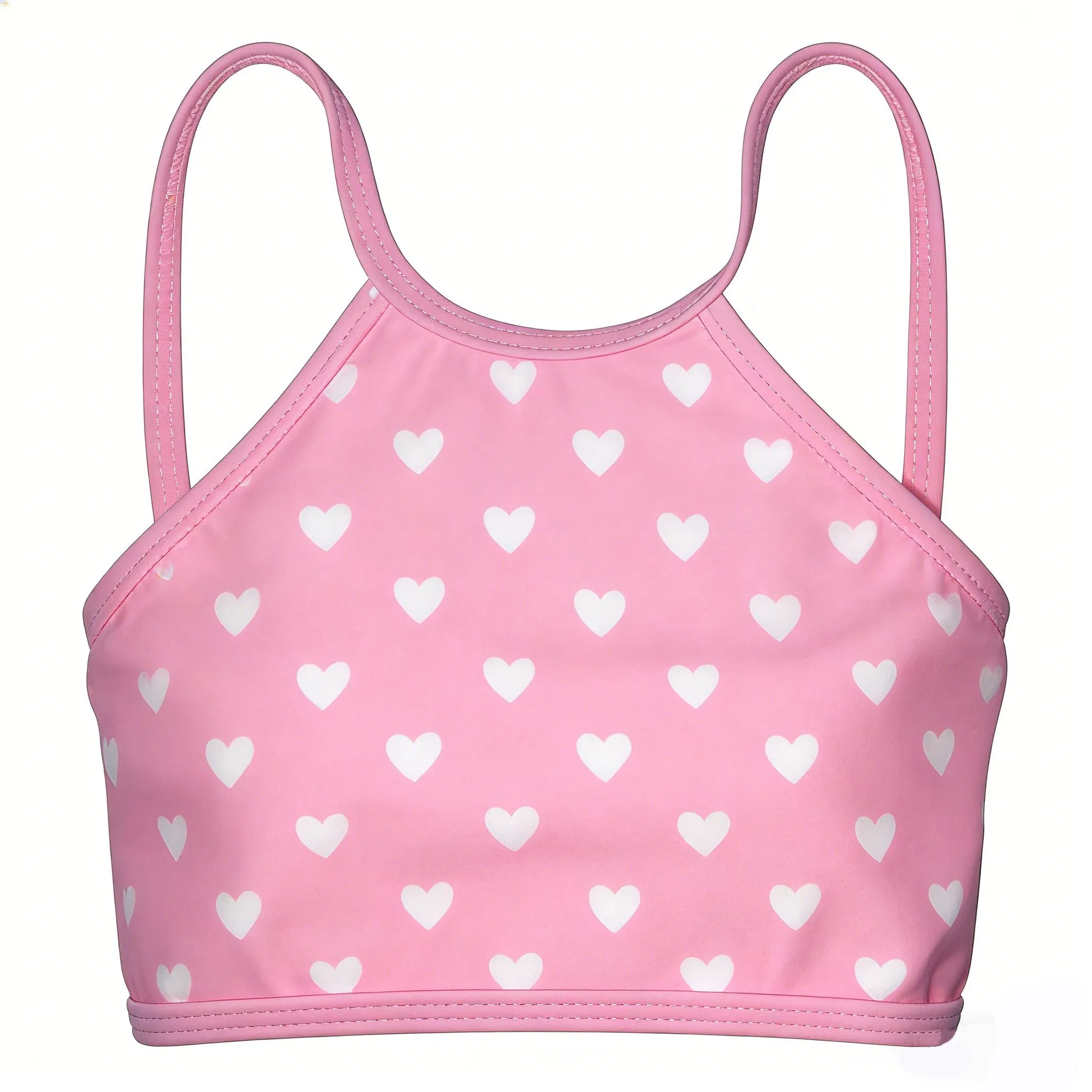 Bonito traje de baño de dos piezas con volantes en forma de corazón rosa para niños
